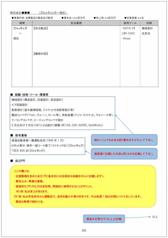 職務経歴書の書き方見本（機械設計者向け）