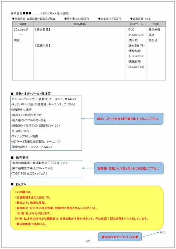 職務経歴書の書き方見本（電気制御設計者向け） P2