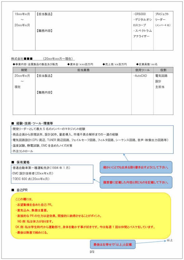 職務経歴書の書き方見本（電気回路設計者向け） P2