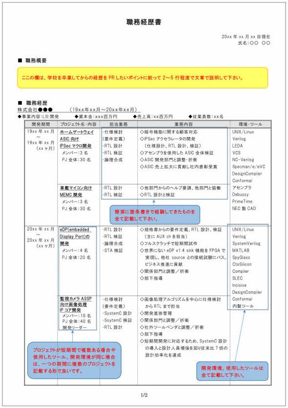 職務経歴書の書き方見本（LSIなどの半導体設計技術者向け） P1