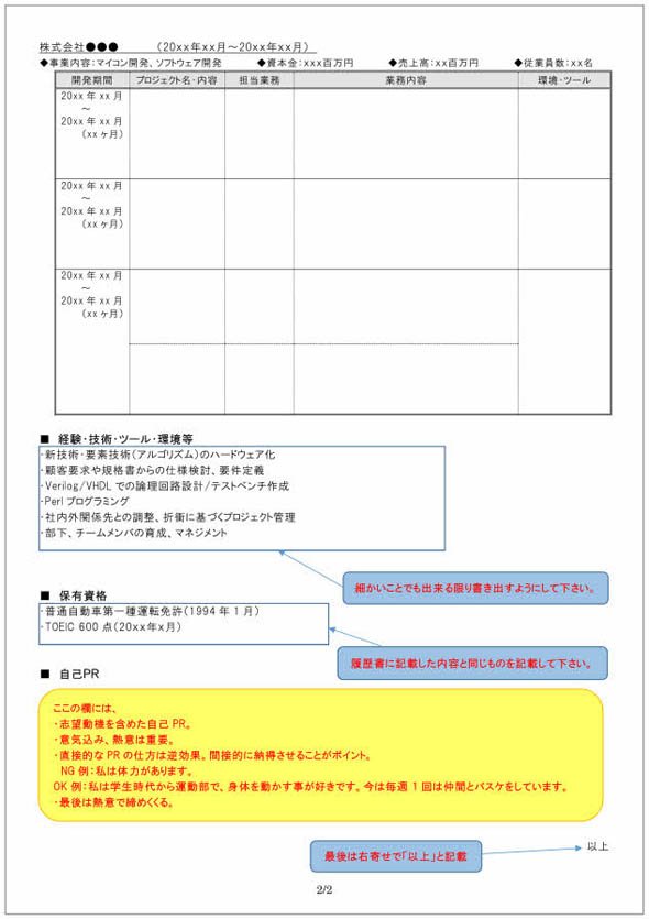 職務経歴書の書き方見本（LSIなどの半導体設計技術者向け） P2