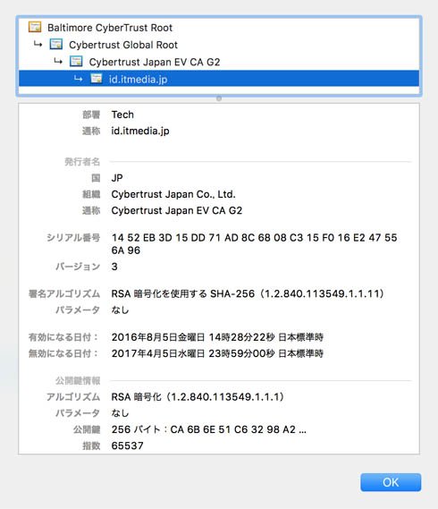 これが実際の「SSLサーバ証明書」。「SHA-256（SHA-2）」が利用されていることが分かる