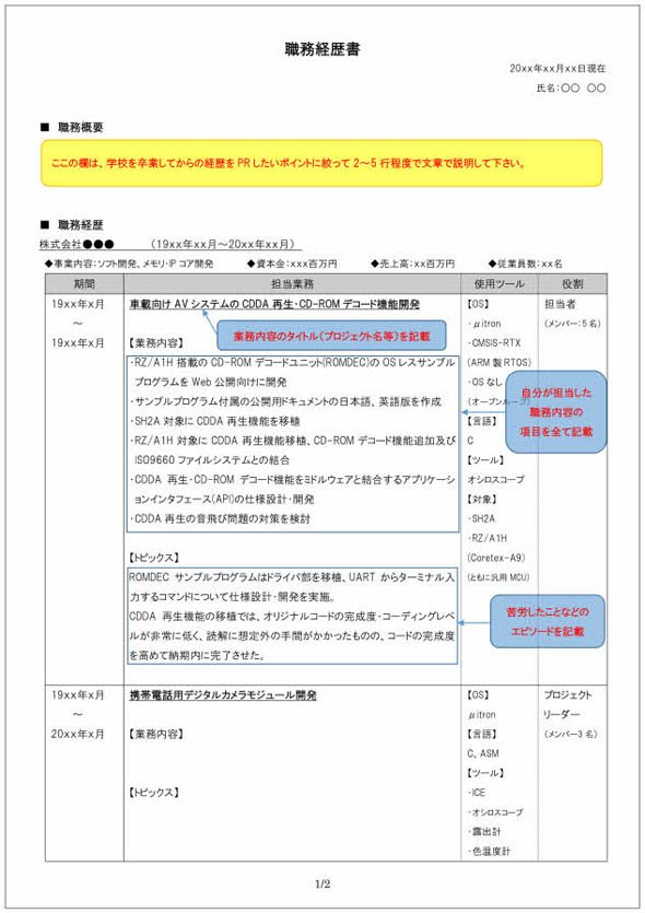職務経歴書の書き方見本（組み込みソフトウェア開発技術者向け）