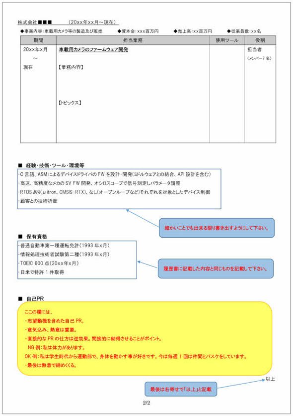 職務経歴書の書き方見本（組み込みソフトウェア開発技術者向け） P2