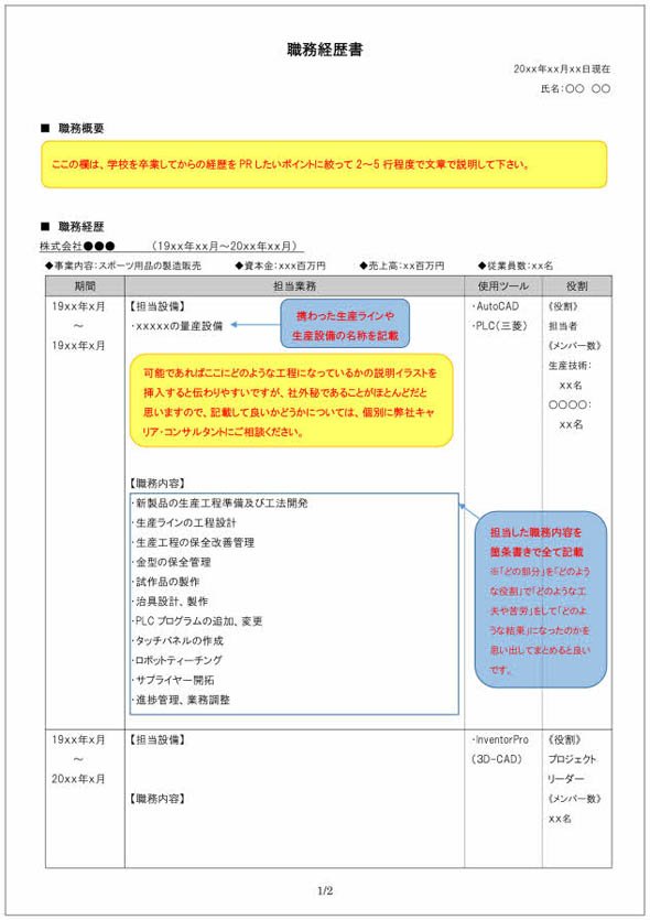 職務経歴書の書き方見本（生産技術者向け）
