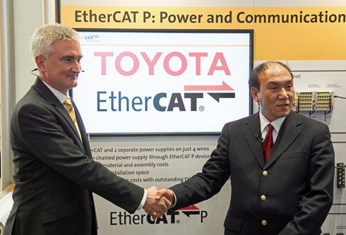 EtherCATの全面採用を決め握手するトヨタの大倉氏（右）とETG チェアマンのマーティン・ロスタン氏（左）
