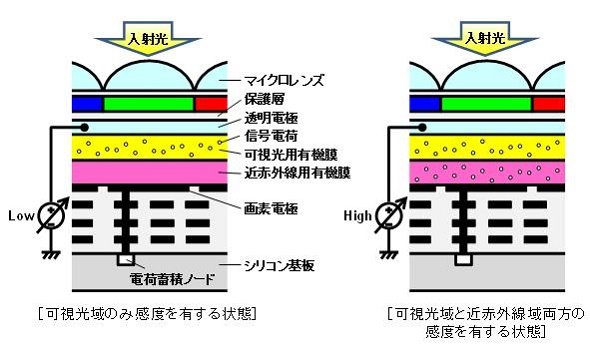 積層型有機薄膜を用いたCMOSイメージセンサーの画素構成と、撮像波長域切り替え時の信号電荷のイメージ