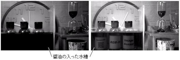 近赤外線域撮像では水槽のしょうゆが透けて、奥にある瓶のラベルが認識できる。可視光域のみ（左）、可視光域と近赤外線域（右）