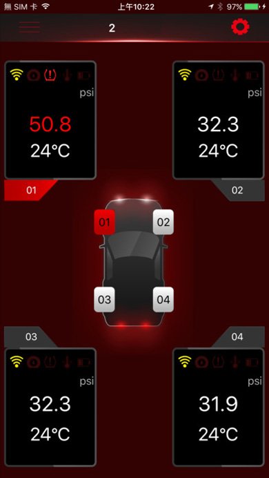 専用アプリ「Multi Wheel BLE TPMS」の画面イメージ