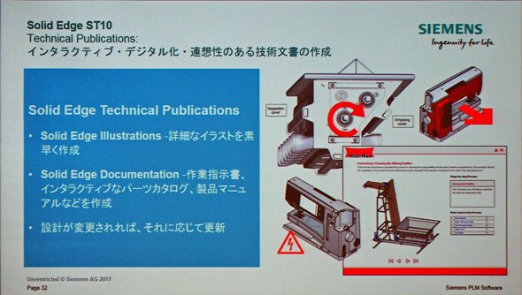 Solid Edge上の設計データと同期した3D技術ドキュメントを作成できる（オプション機能として提供）