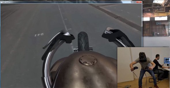 「HTC Vive」を用いたVR体験のデモの様子。「3DEXPERIENCE CATIA R2017X」の環境からダイレクトにHTC Viveの仮想現実空間へ3Dモデルを映し出すことが可能