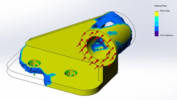 SOLIDWORKS Simulationの「トポロジースタディ」による解析結果（ゴール：最適な剛性対重量比） 筆者解析結果