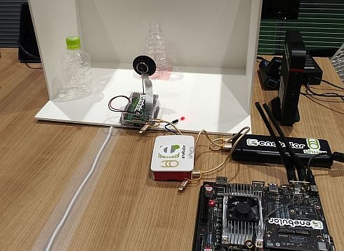 「enebular AI empowerment」のデモ。手前右にある「Jetson」にAI推論モデルがデプロイされている。カメラで撮影した飲料ボトルにキャップが無いとLEDが点灯する