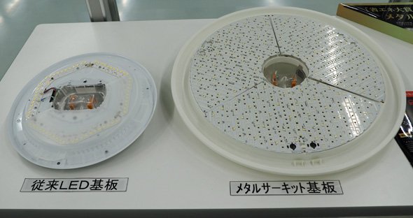従来LED基板（左）とメタルサーキット基板（右）
