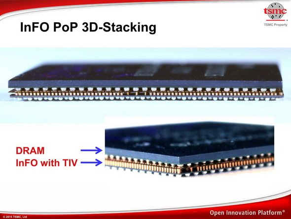 図5　実際にInFO-PoPを使った例。チップの周辺はVIAを利用しての接続層がダイそのものを取り囲んでいるのが分かる