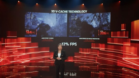 図6:これはGears 5というゲームのプレイのデモ。左が従来のRyzen 9 5900X、右が今回発表のプロトタイプ。AMDによれば性能改善率は4％～25％とゲームによって差があり、平均で15％という数字が示されている