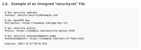 図2　「security.txt」のサンプル。必須なのは「Contact」と「Expires」のみ（RFC 9116より）