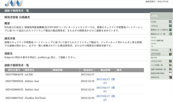 図3　JPCERTコーディネーションセンター「連絡不能開発者一覧」
