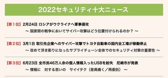 図2　「JNSA 2022セキュリティ十大ニュース」の一部抜粋（出所：日本ネットワークセキュリティ協会）
