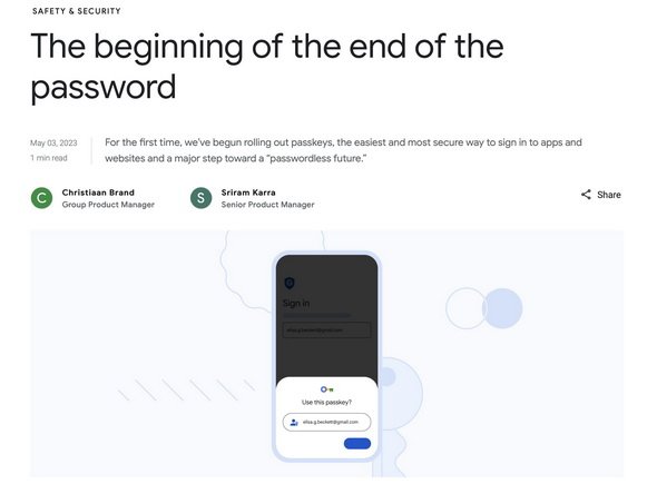 図1　グーグルはパスキーを、ブログで「パスワードの終わりの始まり」と表現しています